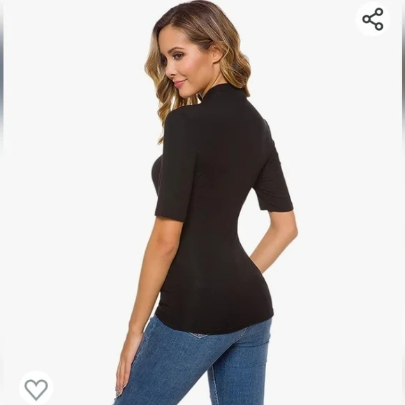 Crystal-Kobe Black Mock Neck Short Sleeve Knit Top